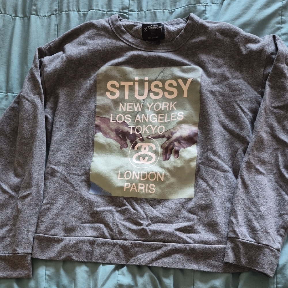 Stussy Gray Crewneck Sweater with City Print